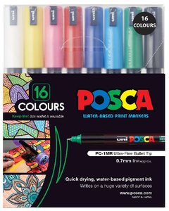 Posca: Uni Posca Paint Marker Set, PC-1MR, PC1MRx16, Set of 16 Markers, Standard Colours, Ultra Fine, 0.7mm