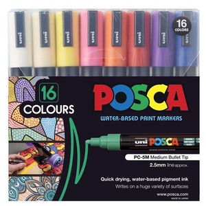 Posca: Uni Posca Paint Marker Set, PC-5M, Set of 16 Markers, Assorted Colours, Medium Bullet Tip, 1.8-2.5mm