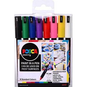 Uni Posca Paint Marker Set, PC-1MR, Assorted Colours, Set of 8 Markers, Ultra Fine, 0.7mm