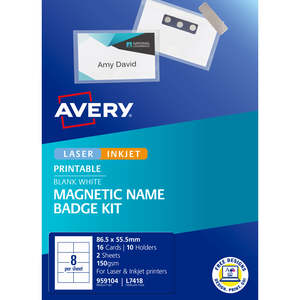 Avery L7418 Magnetic Name Badge Kit, 86.5mm x 55.5mm, 8 per Sheet x 2 Sheets, In&hellip;