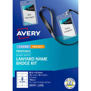 Avery L7418 Name Badge Kit including Holder and Lanyard, 86.5mm x 55.5mm, 8 per &hellip;