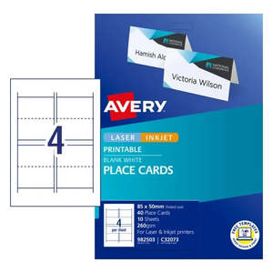 Avery: Avery Printable & Foldable Placecards, 85mm x 50mm, 4 Per Sheet, 10 Sheets Per Pack, Inkjet & Laser Printable