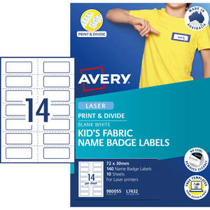 Avery L7432 Kids Fabric Name Badge Labels, 72mm x 30mm, 10 Sheets, 14 Labels Per Sheet