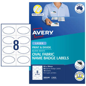 Avery: Avery L7433 Oval Fabric Name Badge Labels, 84mm x 50mm, 10 Sheets, 8 Labels Per Sheet