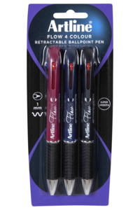 Artline Flow 4 Colour Retractable Ballpoint Pen, Assorted Colours, Pack of 3