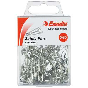 Esselte Safety Pins, Assorted Sizes, Silver, Pack of 60