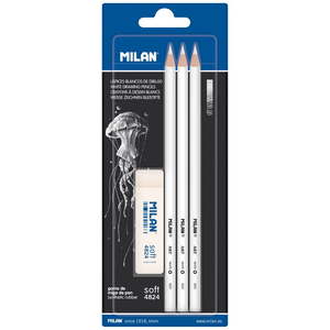 Milan White Drawing Pencils, Pack of 3 + Eraser