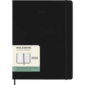 2026 Moleskine 190mm x 250mm Hard Cover Diary plus Notes, Week To View, Black