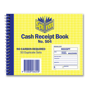 Spirax: Spirax Cash Receipt Book, 102mm x 127mm, 50 Duplicate Sets (504)
