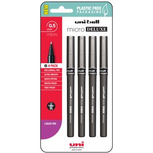Uni: Uni Micro 0.5mm Deluxe Capped Rollerball Pen, Black, 4's pack