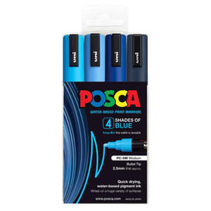 Uni: Uni Posca Paint Marker Set, PC-5M, Pack of 4 Shades of Blue, PC5M4PSHBL, Medium Bullet Tip, 1.8-2.5mm