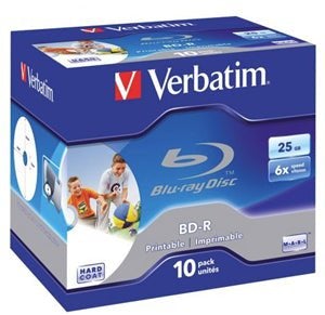 Verbatim BD-R 25GB 6X White Wide Printable Blu-Ray Disks, 10 Pack in Jewel Cases