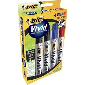 Bic Vivid ECOlutions Permanent Marker Bullet Tip Assorted Colours, 4's Pack