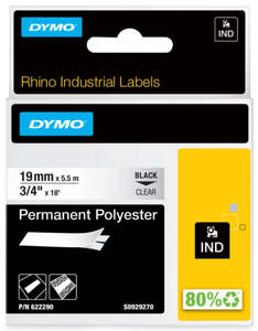 Rhino Permanent Polyester (PET) Tape 19mm Black On Clear (622290)