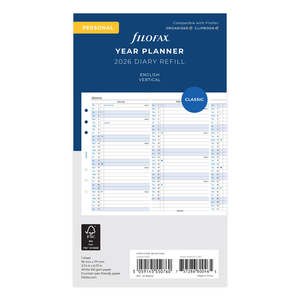 2026 Filofax Personal Refill Year Planner, Vertical, 95mm x 171mm