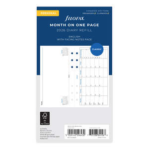 2026 Filofax Personal Refill Classic, Month To A Page With Notes, 95mm x 171mm