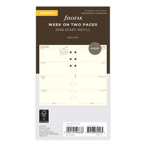2026 Filofax Personal Refill Classic, Week To View, Cotton Cream, 95mm x 171mm