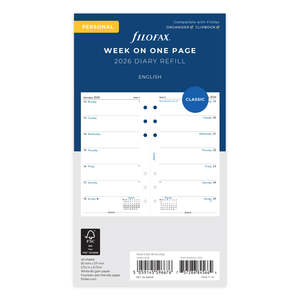 2026 Filofax Personal Refill Classic, Week Per Page, 95mm x 171mm