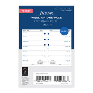 2026 Filofax Pocket Refill Classic, Week Per Page, 81mm x 120mm