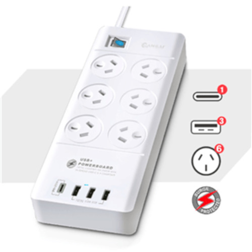 Sansai 6 Way Surge Powerboard with 3x USB, 1x USB-C Charging Ports