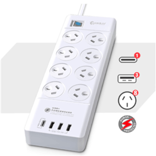 Sansai 8 Way Surge Powerboard with 3x USB Charging Ports