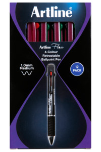 Artline Flow 4 Colour Retractable Ballpoint Pen, Burgundy Barrel, Pack of 12