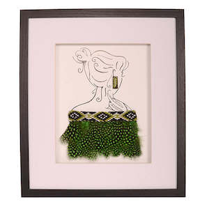 Maori: Framed Korowai on Modern Lady. Forest colours