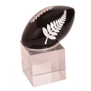 Glass Black Rugby Ball with Fern on Stand