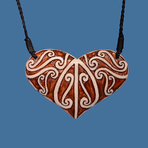 Maori Bone Carvings: Bone Heart with Patterning Pendant Necklace