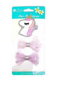 Hair Clips Unicorn w/lace Ribbon 3pc