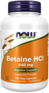 now Betaine HCl 648 mg 120 Veg Capsules