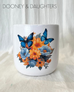 Decorated Plant Pots: Large Pot - Blue Butterflies with Flowers