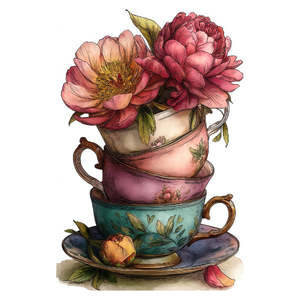 White Cloud Decor Transfers: Flower Transfer - Stacked Tea Cups - AVAILABLE FOR PRE-ORDER