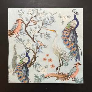 Napkin - Peacocks & Heron in Garden on Blue