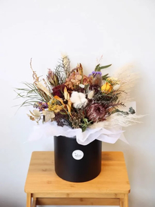 Products: Dried Flowers in Hat Box Everlasting Arrangement