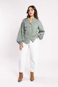 Tops Blouses Camis Tees: 8043 - Fray Shirt - Green Stripe