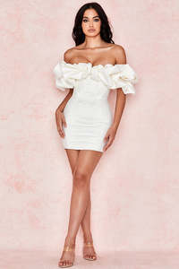 House of CB Selena Ivory Satin Ruffle Strapless Dress