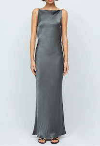 EX RENTAL Bec and Bridge Celestial Cowl Back Dress Gun Metal Sz 8