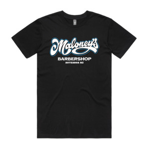 Maloney's Barber - Otis Frizzell - Men's Black Tee - Blue Logo