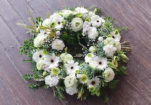 Sympathy Tributes: White and green Circle of life wreath