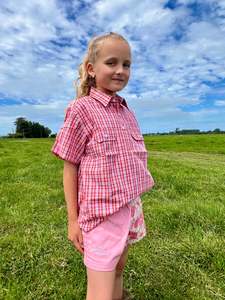 Girls: Children's Tussock Short Sleeve Shirt - Peachy Red Check