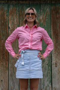 Shop All: Woman's Ruffle Shirt - Pink Polka Dot