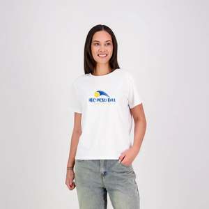Hibiscus Coast Pickleball Silhouette T-Shirt V2 - Ladies - White - With Large Coloured Logo