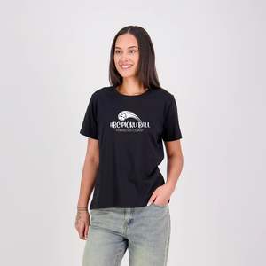 Hibiscus Coast Pickleball Silhouette T-Shirt V2 - Ladies - Black - With Large White Logo