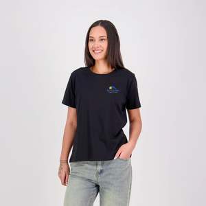 Hibiscus Coast Pickleball Silhouette T-Shirt V2 - Ladies - Black - With Small Coloured Logo
