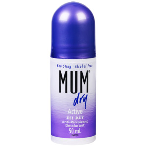 Toiletries 1: Mum Dry Antiperspirant Roll On Deodorant Active All Day 50mL