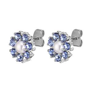 Studs: Carnea Shiny Silver Earrings - Light Sapphire / White Pearl