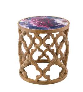Eco Sole Peony Flower Carved Round Side Table Large 45.7x48.2cm