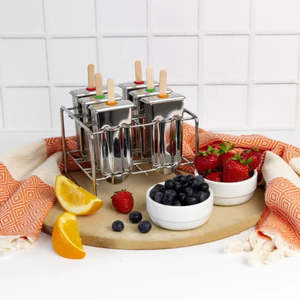 Kitchen: Stainless Steel Popsicle and Ice Cream Moulds (x6) with Rack