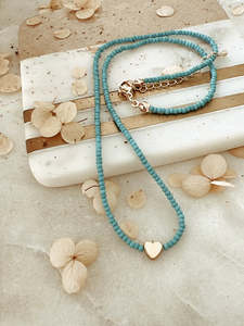 Accessories: Twigg Summer Heart Seed Bead Necklace - Aqua